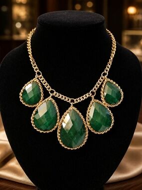 Gold Chain Necklace with Green Teardrop Gemstones